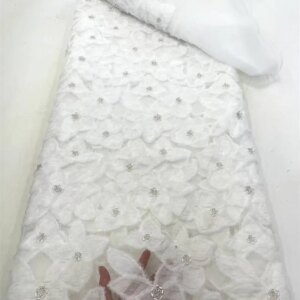 White Luxury African Lace Tulle Fabric 2025 French 3D Flower Embroidered Applique Sequins Fabric For Party Sewing 5Yards A1625-1