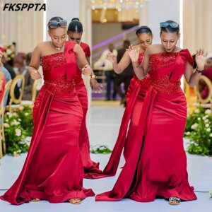 Customized 2025 Burgundy Beading Mermaid African Bridesmaid Dresses One Shoulder Pleated Satin Stunning Maids Of Honor Gowns