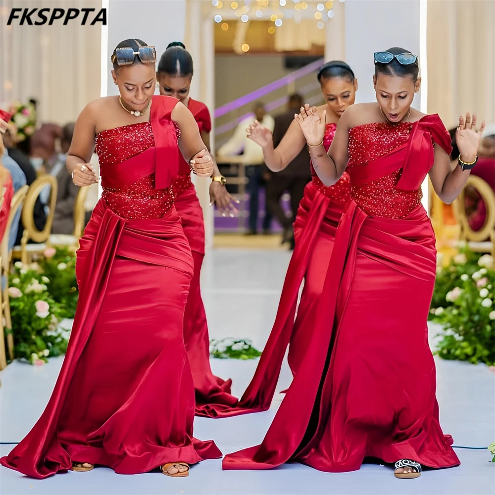 Customized 2025 Burgundy Beading Mermaid African Bridesmaid Dresses One Shoulder Pleated Satin Stunning Maids Of Honor Gowns