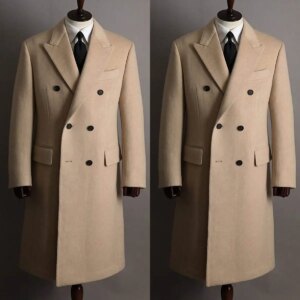 Camel Mens Cashmere Wool Overcoat Tweed Custom Made Long Outdoor Groom Wear Business Formal Jacket One Piece