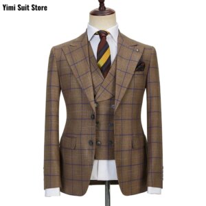 Plaid Cassy Men Striped suit 3 Pieces Single Breasted Formal Business Slim Fit Coat Pants 2 Pieces Set Fashion Jacket+Vest+Pants
