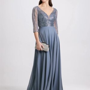 Customized Charming Sequin Tulle Long Mother Dress Transparent 3/4-Sleeved V-Neck Sequin Top Tulle A-line Shirt Evening Dress
