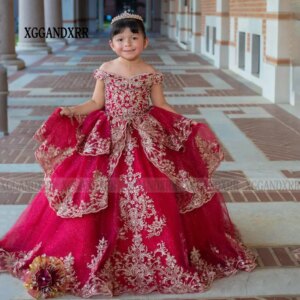 Custom Made Wine Red Flower Girl Dresses 2025 Saudi Arab Style Mini Quinceanera Dress Little Girl Princess Birthday Party Gown