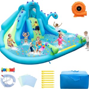 Inflatable Water Slide, Dinosaur Water Bounce House Park for Kids and Adults Outdoor, Dual Slides&Splash Pool, with 584w Blower