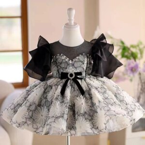 Jill Wish Elegant Black Arabic Flower Girl Dress Puffy Sleeve Princess for Kids Wedding Birthday Holiday Party Ball Gown J495