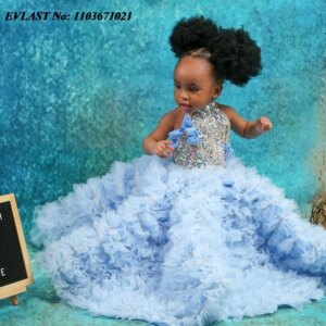 EVLAST Customized Sky Blue Ruffles Flower Girl Dress For Wedding Tiered Crystals Beaded Girls Pageant First Communion Gowns FD35