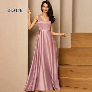 New A-line Evening Dresses V-Neck Sleeveless Floor-Length Party Dresses Satin Bridesmaid Dress Vestidos De Fiesta فساتين السهرة