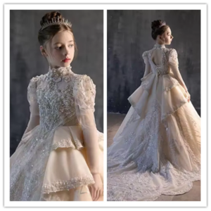Luxury Beads Ivory Lace Arabic Girl Dress Princess Long Sleeve Wedding Birthday Pageant Party Evening Ball Gown