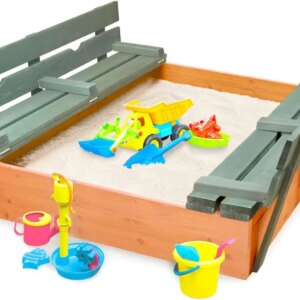 Wooden Sandbox with Lid & Benches – Large Outdoor Sandbox for Kids Made of Cedar – Foldable Cover, Seating & Backyard Playset (4