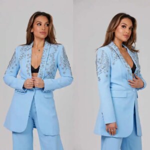 Sky Blue Women Pants Suits 2 Pieces Crystal Beading Ladies Wear Blazer Prom Birthday Party Customized Jacket Sets