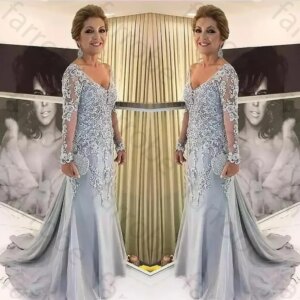 Customized Mermaid Mother Bride Dress Long Sleeve Beaded Tulle Satin Groom Mother Dress Plus Size Wedding Party Guest Gown