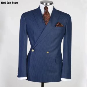 Pinstripe Men Suits 2 Pieces One Breasted Blazer Daily Luxury Formal Party Groom Blazer Wedding Groom Tuxedos Jacket+Pants
