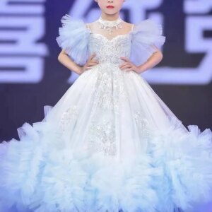 Jill Wish Luxury Arab Sky Blue Girl Dress Beaded Dubai Kids Princess Birthday Wedding Party First Communion Ball Gown 2025 J220