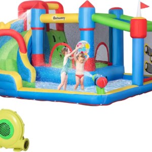 6-in-1 Inflatable Bounce House with Slide, with Blower, Climbing Wall, Water Cannon, Inflatable Water Slide for Kids with 2 Min.