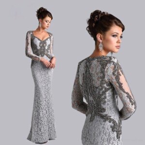 Elegant Long Sleeves Grey Mother Of Bride Dress 2024 Evening Party Gown O Neck Lace Beading Formal Wedding Guest Wear Pageant