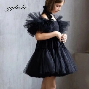 Fluffy Flower Girl Dress Party Kids Birthday Short Sleeve Boat Neck Princess Lace Dresses Black Mini Ball Gown Tulle 2025 Simple