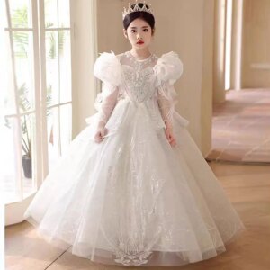 Jill Wish J324 Luxury White Crystal Girl Dress Court Train Long Sleeve Arab Kids Princess Wedding Birthday Party Pageant Gown