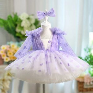 Jill Wish Lovely Arab Lilac Flower Girl Dresses with Hairband Bows for Baby Kids Wedding 1st Birthday Pageant Party Gown D059