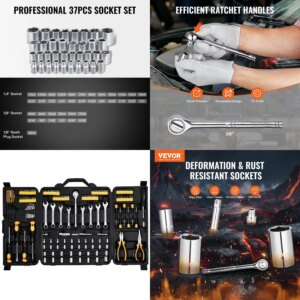VEVOR 221Pie Mechanics Tool Set 1 4″ and 3 8″ Drive Sockets SAE and Metric