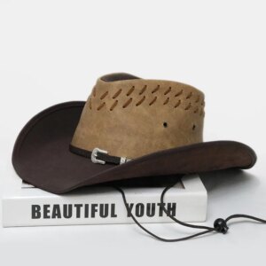Men’s and women’s simple coffee belt made old leather large brimmed cowboy hat sunblock, sunshade waterproof warm top