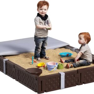 Kids Sandbox with Cover, Rectangular 73″ Large Sand Pit with 4 Seats, Waterproof Bottom Liner, Weather Resistant Outdoor Sa