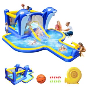 6 in1 Inflatable slide water park trampoline bouncing house outdoor garden with Dolphin sprinkler & Target games & Water gun