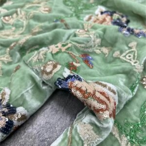 New high-end custom green base silk velvet heavy embroidery fabric colored sequins Chinese-style top armor