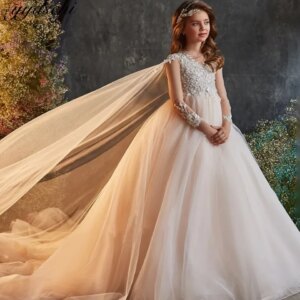 2025 V-neck Long Dress Evening Party Flower Girl Wedding Dress Birthday Europe Style Baby Girls Pageant Dress Lace Ball Gown