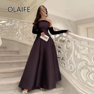 Formal Saudi Arab Dres Boat Collar Satin Solid A-line Evening Gown with 3/4 Sleeve Ankle-Length Customized فساتين سهرة