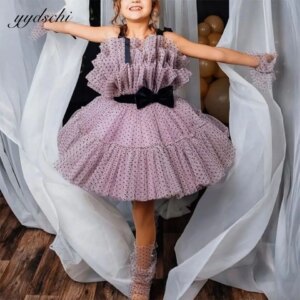 Elegant Dot Printing Tulle Ruffled Princess Dresses Kids Knee Length Puffy Wedding Ceremony Girl Birthday Party Dresses With Bow