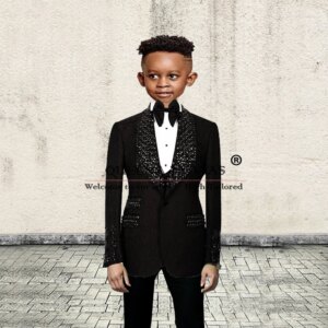 Luxury Floral Boy’s Suits For Wedding Gem Stone Beaded Lapel Jacquard Blazer Vest Pants 3 Pieces Children Tuxedos Kids Clothing