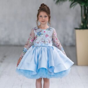 Dreamy Vow Gorgeous Blue Girl Dress Long Sleeve Embroidered Tulle Kid Celebration Party Spring Summer Knee Length Ball Gown J179