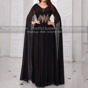 Black Chiffon  A Line Mother of the Bride Dresses With Appliques V Neck Long Cloak Plus Size Women Prom Dress Party Customized