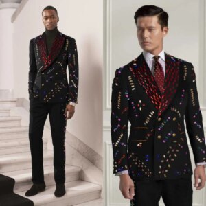 Fashion Wedding Tuxedos Colorfu Crystal Double Breasted Men Suit Peaked Lapel 2 Piece Set Jacket Pants Groom Blazers Customized