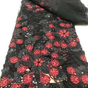 Black Beaded Lace Fabric African Lace Fabric 2024 High Quality French Mesh With Sequence Sequin Dresses For Sewing KB4699