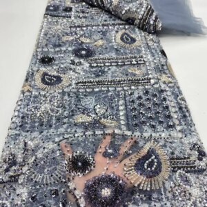 Latest African French Tulle Net Lace With Sequins Beads African Lace Fabric Embroidery Nigerian Lace Fabric For Party Dress-DP