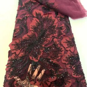 Luxury Hand Beaded Lace Fabric Bridal Fabric High-end Wedding Fabrics French Nigerian Sequins Beads Embroidered on Tulle 5 Yards