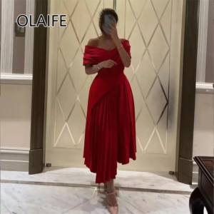 Simple Off-Shoulder Chiffon A-line Tea-Length Bridesmaid Evening Dres Pleateed Backless Dubai Evening Arab Gown Customized