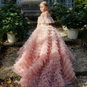 Pink Girls Pageant Dresses Ball Gown Tulle Tiered Beaded Flower Girl Dresses For Weddings First Communion Dresses Customized