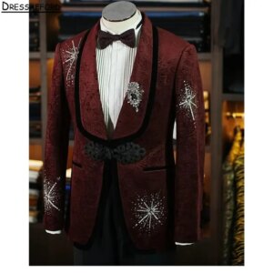 Dark Red Jacquard Crystal Beading Men Business Formal Occasion Tuxedos Grooms Wedding Party Prom Male Suit 2 Piece Blazer Pants