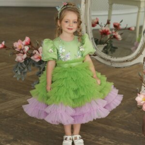 Jill Wish Elegant Sage Green Tulle Girl Dress 3D Flowers knee Length Arabic for Princess Birthday Wedding Party Pageant  J174