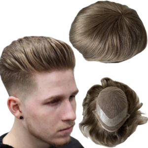 Indian Virgin Human Hair Systems Light Brown Color #7 32mm Wave Hollywood Toupee 8×10 Front Lace Unit for White Men