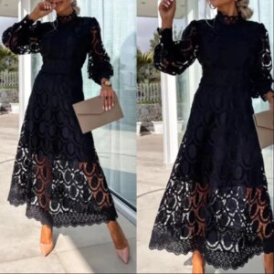Fashion Mother the Bride Dresses Black White Rose Red Tea Length Long Sleeves High Collar Lace A-line Pretty Women Prom Gowns