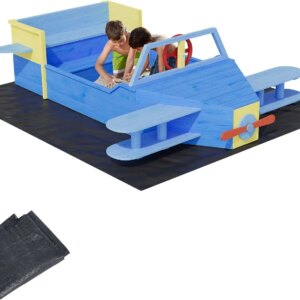 Wooden Sandbox, Outdoor Sand Box Bottom Liner, Adjustable Height & Rotatable Canopy for Ages 3-8, Spacious Kids Sand Pit for Bea