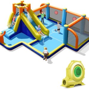 Inflatable Water Slide With 735w blower, Giant Soccer Water Park Bounce House w/Goals for Outdoor, Splash Pool, Water Slides