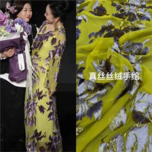 Silk velvet hand-painted fabric painted flowers three-dimensional flocking dress designer