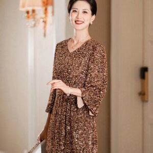 Mom Wedding Party Dresses Elegant V-Neck Tea-Length Shiny Sequin Mother Of The Bride Dresses 2024