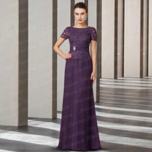 Customized Purple Chiffon Wedding Guest Party Gown For Woman Short Sleeve Floor Length Vintage Mother Of The Bride Dress Lace Mo