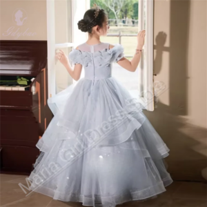 Girls Luxury Princess Party Wear Flower Girl Dress Birthday Kids Long Style Communion Elegant Piano Performance