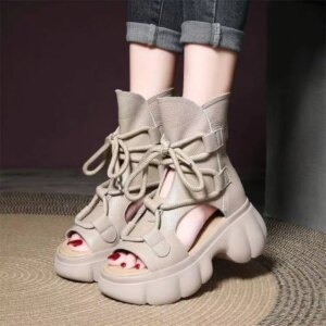 Thick Bottom Hollow-out Sandal Women’s Summer 2025 New Retro Lace Muffin Light Luxury Short High-Top Mouth Sandals